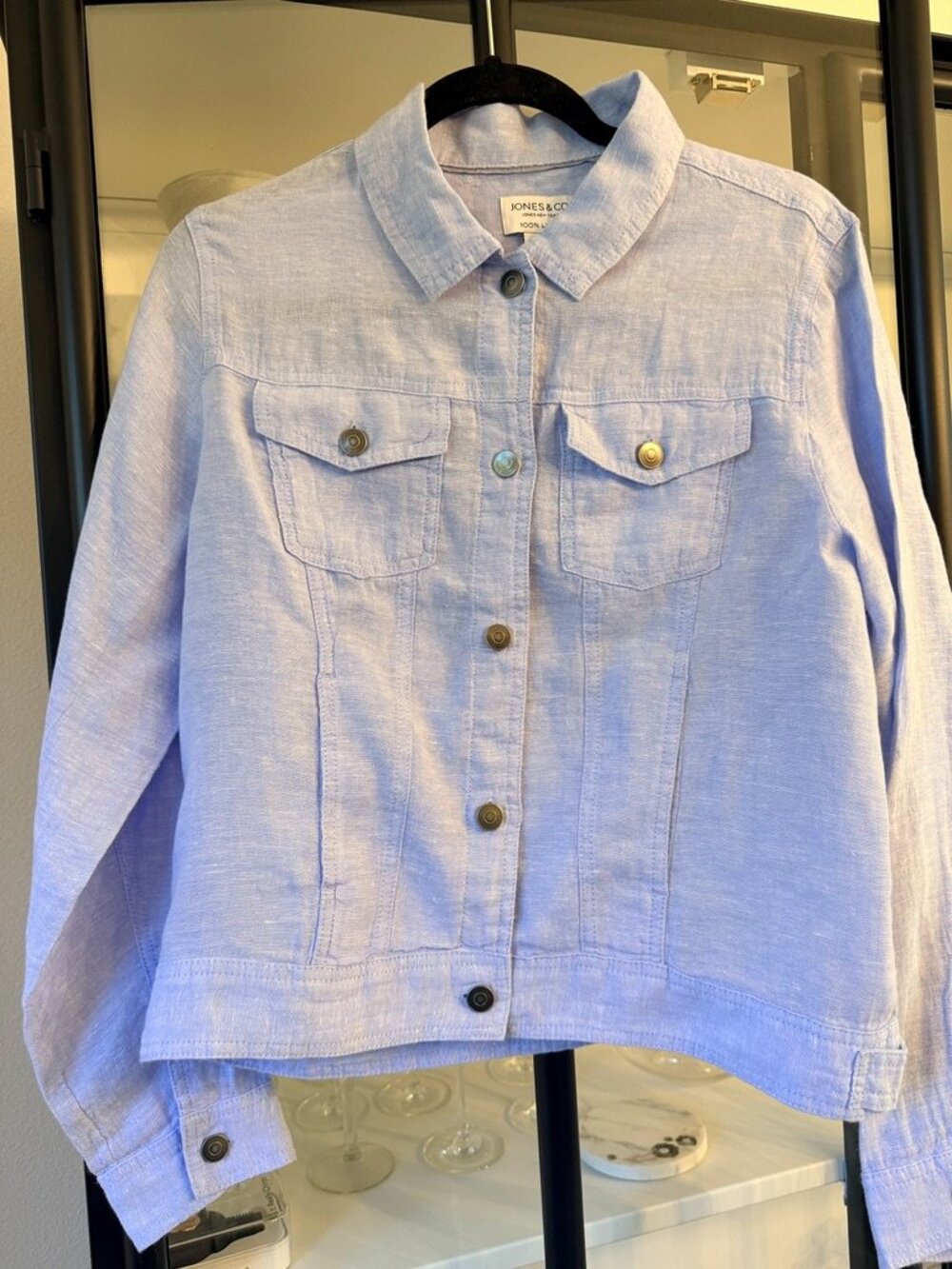 Jones New York 100% Linen Button Up Trucker Jacket Light Chambray Blue M
